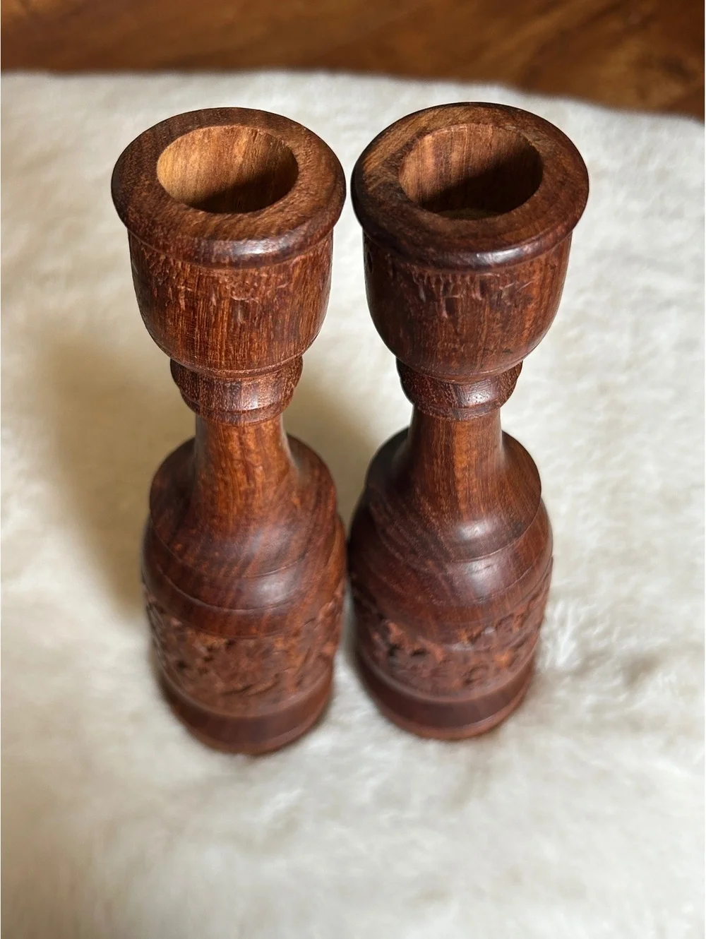 Hand-Carved Wooden Candle Holders Set of 2 from India